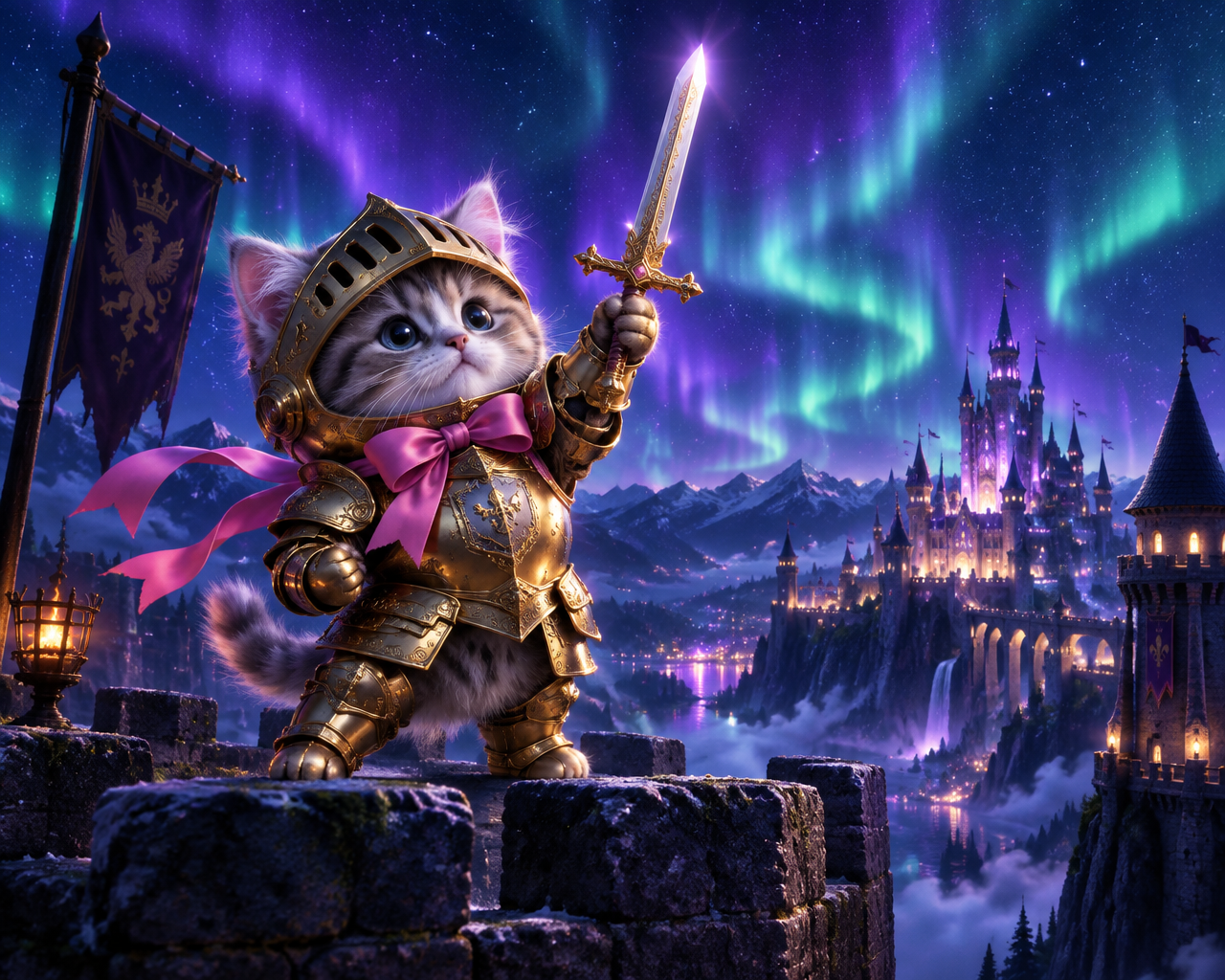 Sir Purrcival guarding the castle walls under the aurora